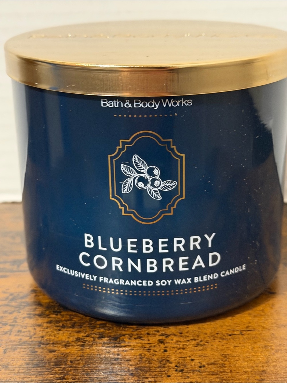 Bath & Body Works Navy Blueberry Cornbread with Honey 3 Wick Soy Wax Candle New